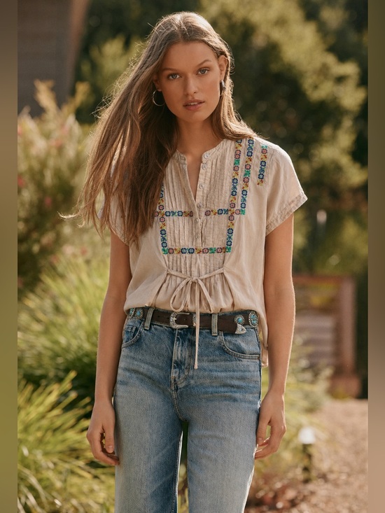 Johnny Was Tops - Johnny Was Embroidered Tie-Front Ivory Top